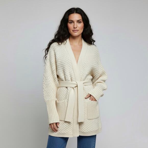 Rag & Bone Cream 100% Merino Wool Chunky Knit Belted Cardigan Sweater Size  6 - Picture 1 of 7